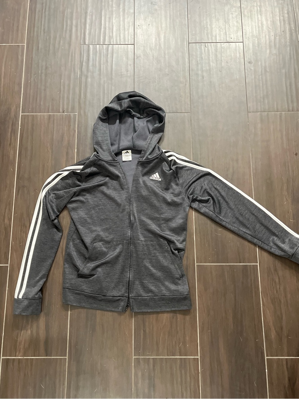 adidas Kids Dark Gray Hooded Puffer Jacket with White Stripes
